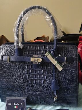 Navy Croc-Embossed Satchel